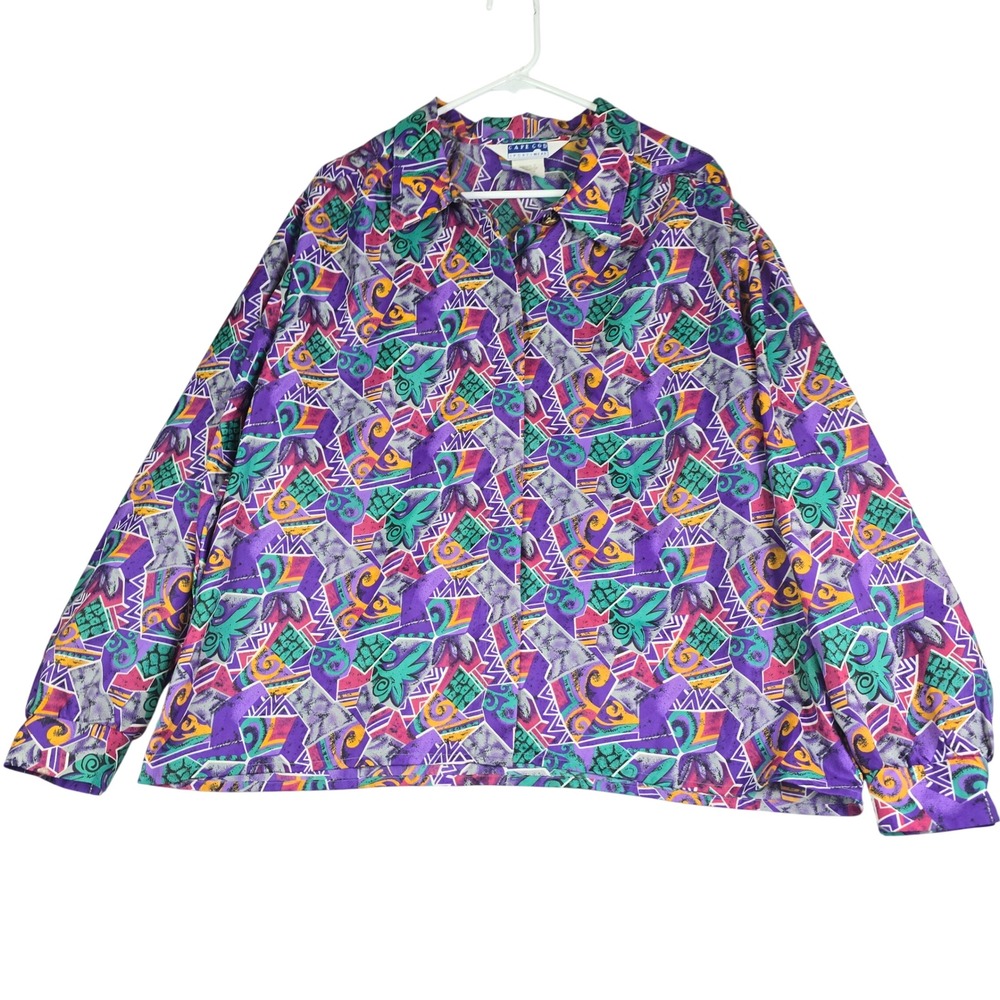 Vintage 80s Cape Cod Blouse Women 20 Purple Geometric Abstract Button Up Pop Art